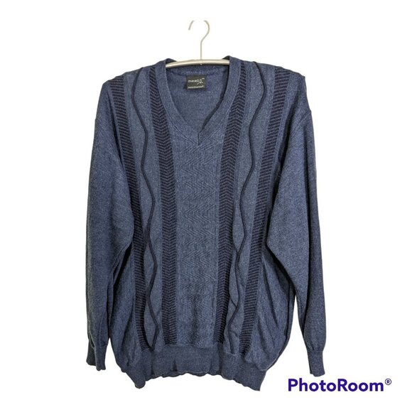 Vintage Merino Wool Mens Sweater XL Euro 58 V Neck Pullover Blue Striped Austria - Picture 1 of 5